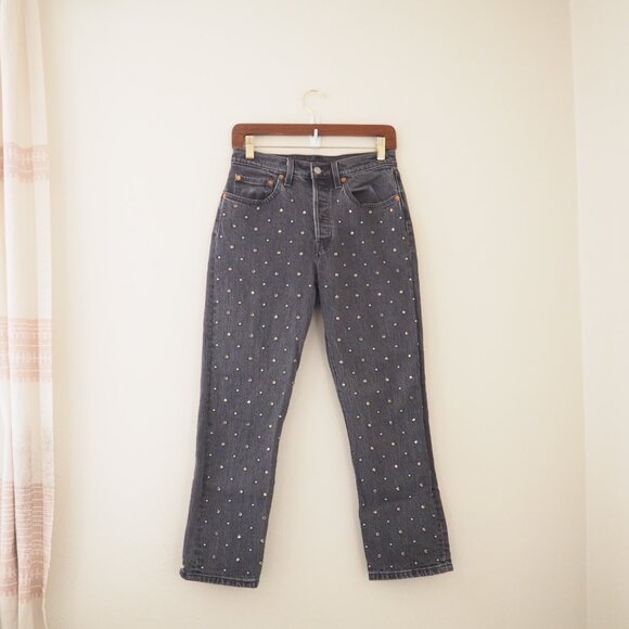 !! Levi’s 501 Original Cropped Studded Black Jeans sz W26 L26 - Picture 2 of 7